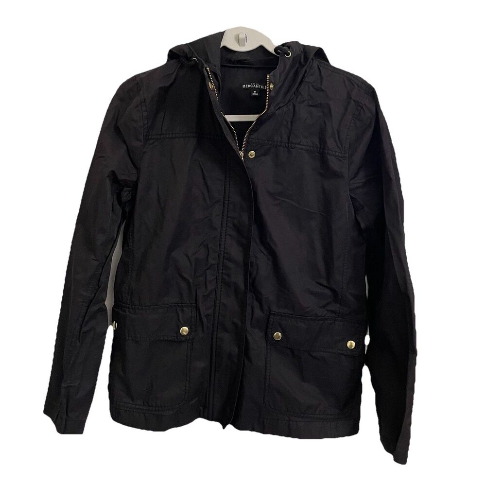 J. Crew Water Resistant Jacket Womens Medium Black Hooded Rain Full Zip Pockets